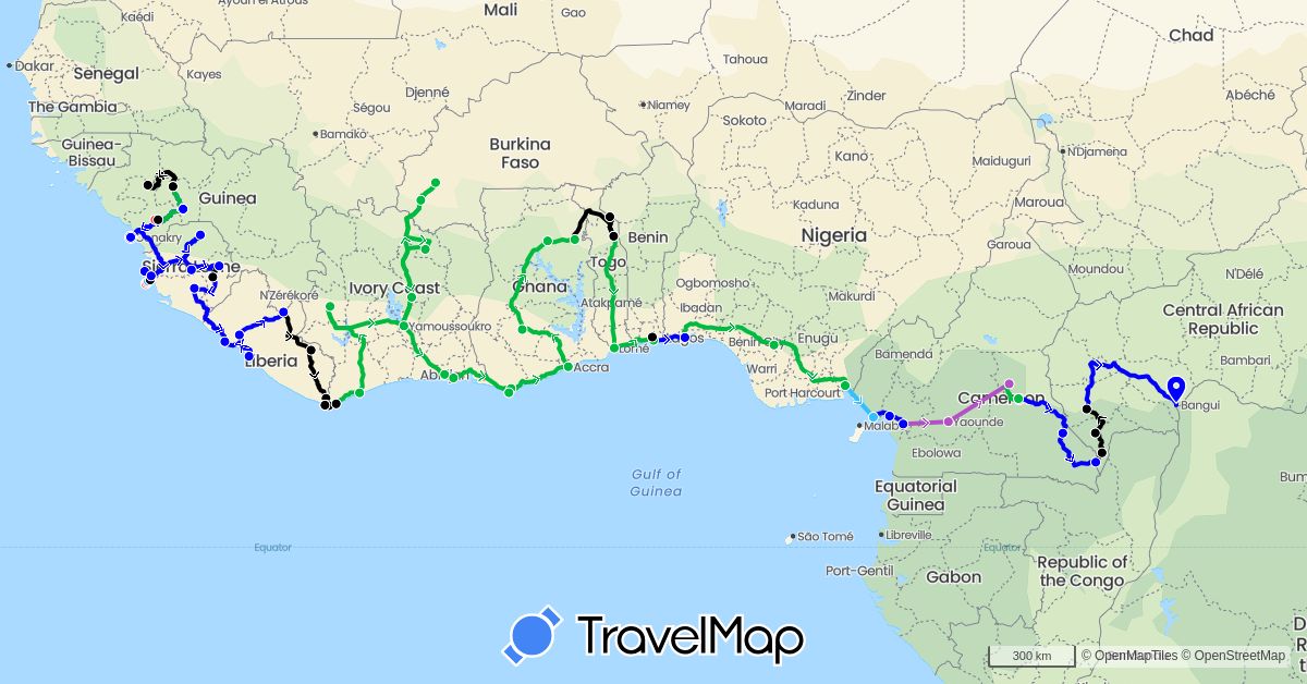 TravelMap itinerary: driving, bus, train, hiking, boat, shared taxi, mototaxi in Burkina Faso, Benin, Central African Republic, Côte d'Ivoire, Cameroon, Ghana, Guinea, Liberia, Nigeria, Sierra Leone, Togo (Africa)