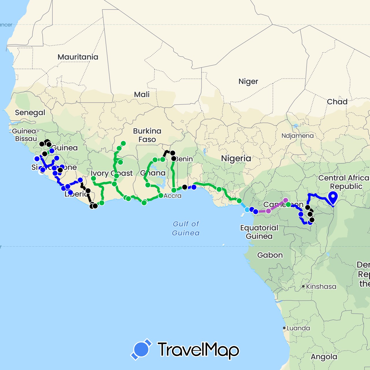 TravelMap itinerary: driving, bus, train, hiking, boat, shared taxi, mototaxi in Burkina Faso, Benin, Central African Republic, Côte d'Ivoire, Cameroon, Ghana, Guinea, Liberia, Nigeria, Sierra Leone, Togo (Africa)
