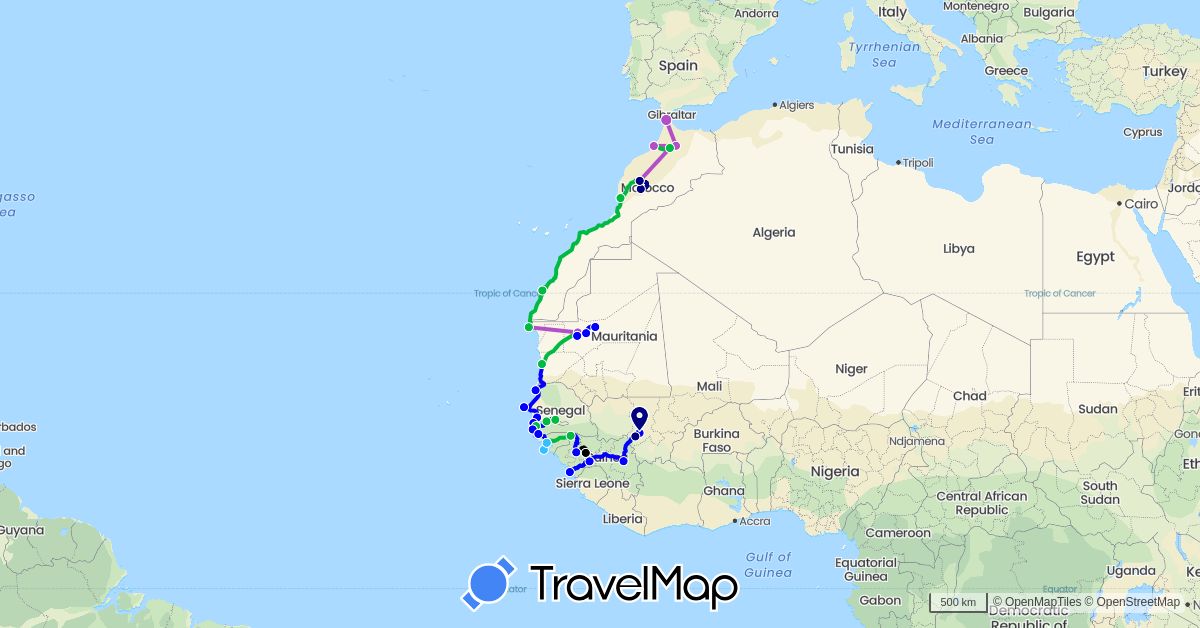 TravelMap itinerary: driving, bus, train, boat, shared taxi, mototaxi in Gambia, Guinea, Guinea-Bissau, Morocco, Mali, Mauritania, Senegal (Africa)