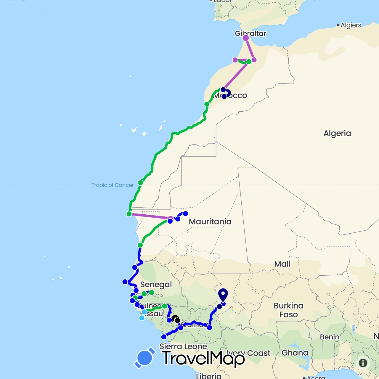 TravelMap itinerary: driving, bus, train, boat, shared taxi, mototaxi in Gambia, Guinea, Guinea-Bissau, Morocco, Mali, Mauritania, Senegal (Africa)