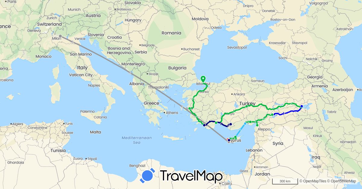 TravelMap itinerary: driving, bus, plane, hiking, boat, shared taxi in Cyprus, Italy, Turkey (Asia, Europe)
