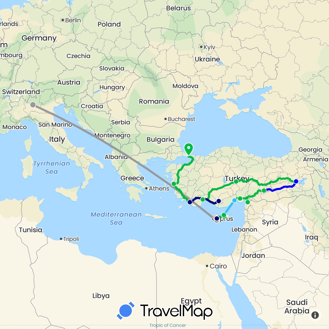TravelMap itinerary: driving, bus, plane, hiking, boat, shared taxi in Cyprus, Italy, Turkey (Asia, Europe)